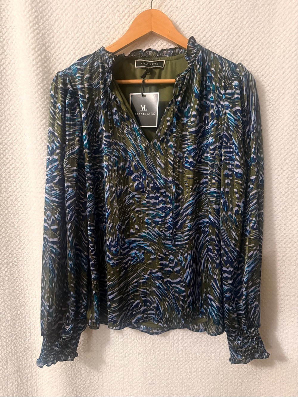Melanie Lyne Olive and Blue Printed V-Neck Blouse Size 8 - New with Tag